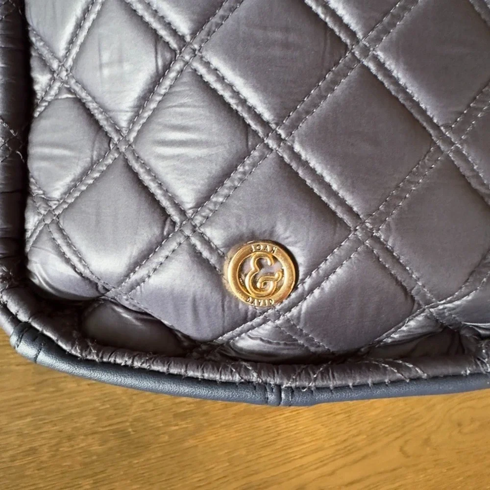 NEW Joan & David Navy Blue Quilted Nylon Large Tote Bag Gold Hardware w/ Pouch
